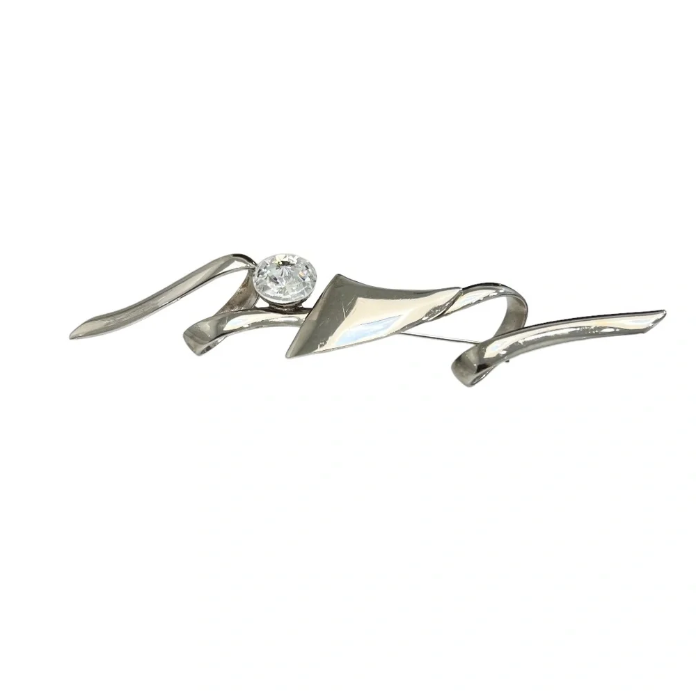 VINTAGE ARTISTIC SILVER TONE SQUIGGLE & CRYSTAL BROOCH